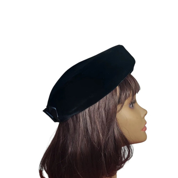 Vintage Black Velvet Union Made Back Bow Pillbox Hat - Picture 4 of 14